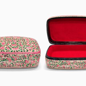 Kashmiri Papier-Mâché Decorative Box – Cream with Pink Floral Design and Red Velvet Interior 7x4 inch