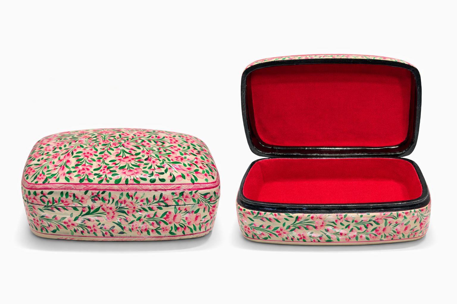Kashmiri Papier-Mâché Decorative Box – Cream with Pink Floral Design and Red Velvet Interior 7x4 inch