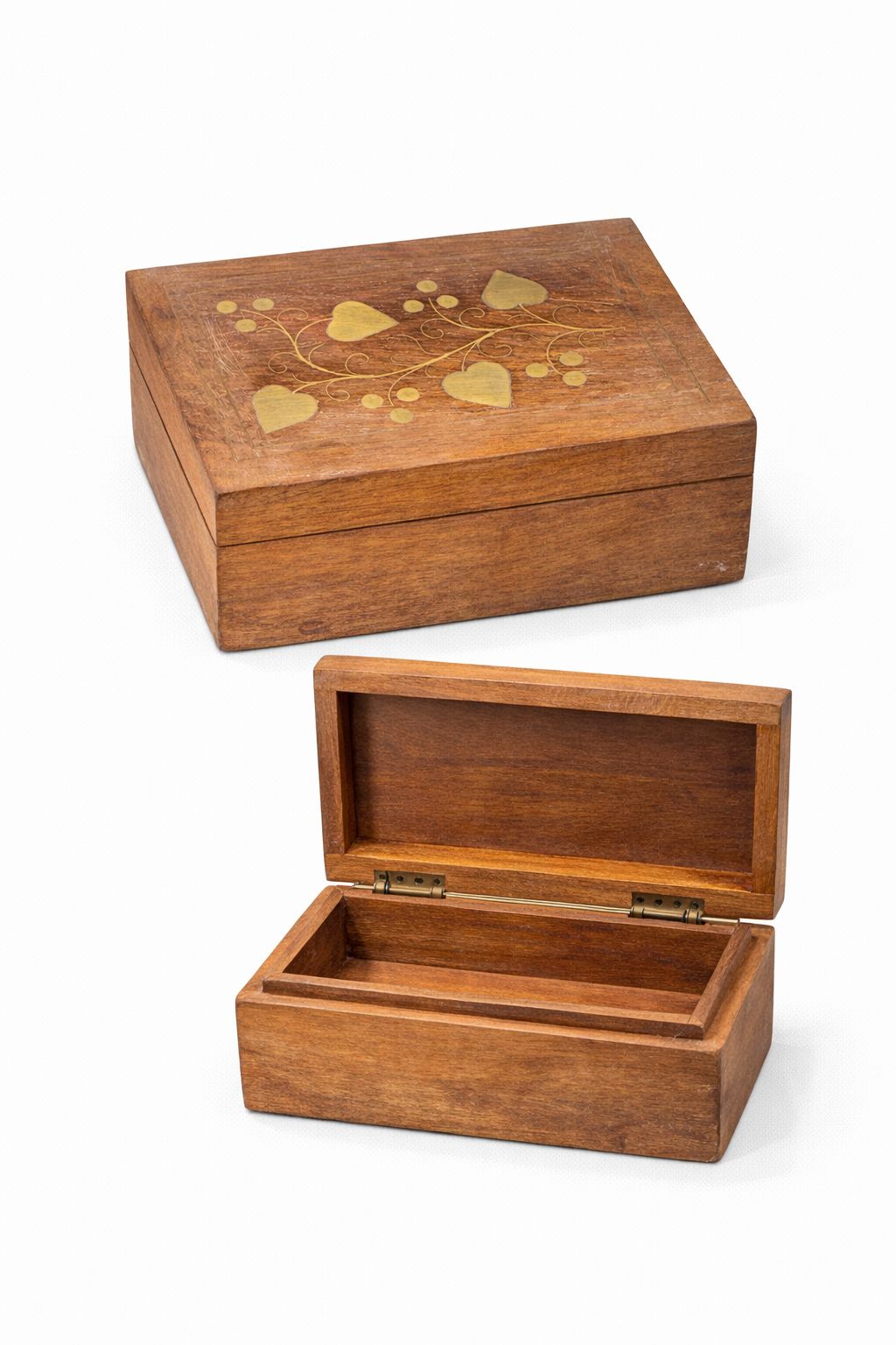 Small Wooden Jewelry Box with Brass Inlay