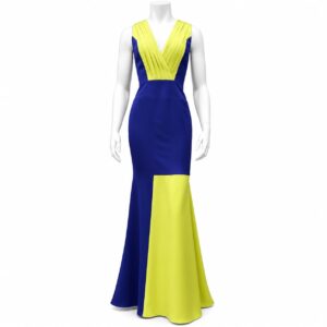 Capri Royal Blue & Sunny Yellow V-Neck Asymmetric Evening Gown