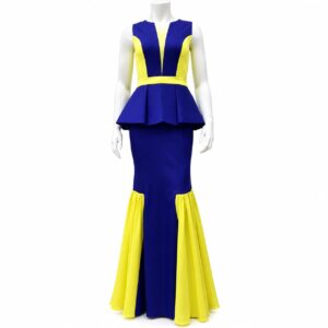 Capri Royal Blue & Yellow Peplum Trumpet Gown with Pleated Hem Panels