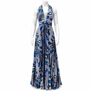 Rome Grey & Blue Peacock Feather Halter Gown