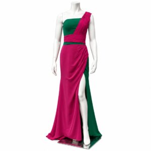 Milan Emerald Green & Magenta One-Shoulder Gown