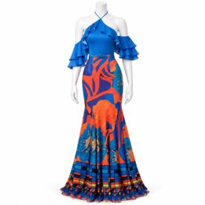 Capri Royal Blue & Orange Floral Halter Gown